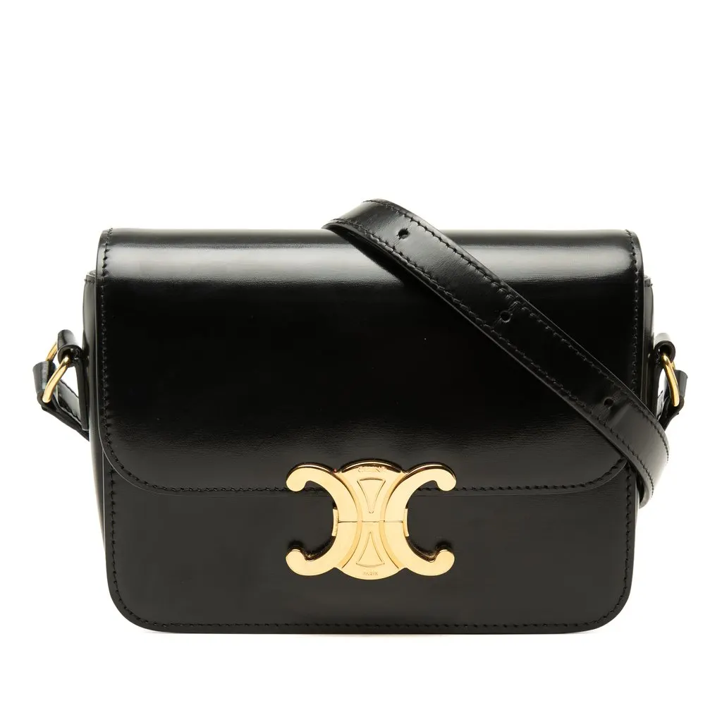 Celine Teen Shiny Calfskin Triomphe Crossbody Black Leather Very good - Front View