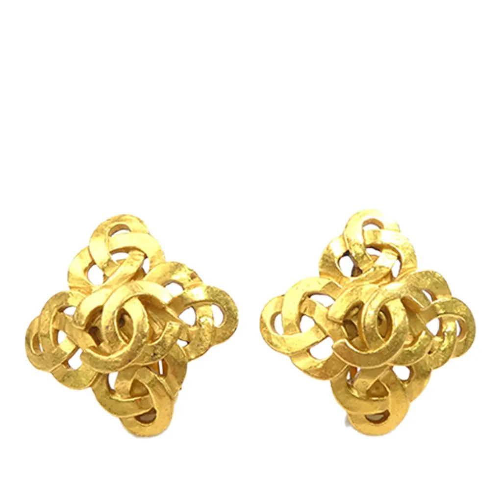Chanel CC Gold Plated Diamond Clip On Earrings Gold Metal Very good - Front View