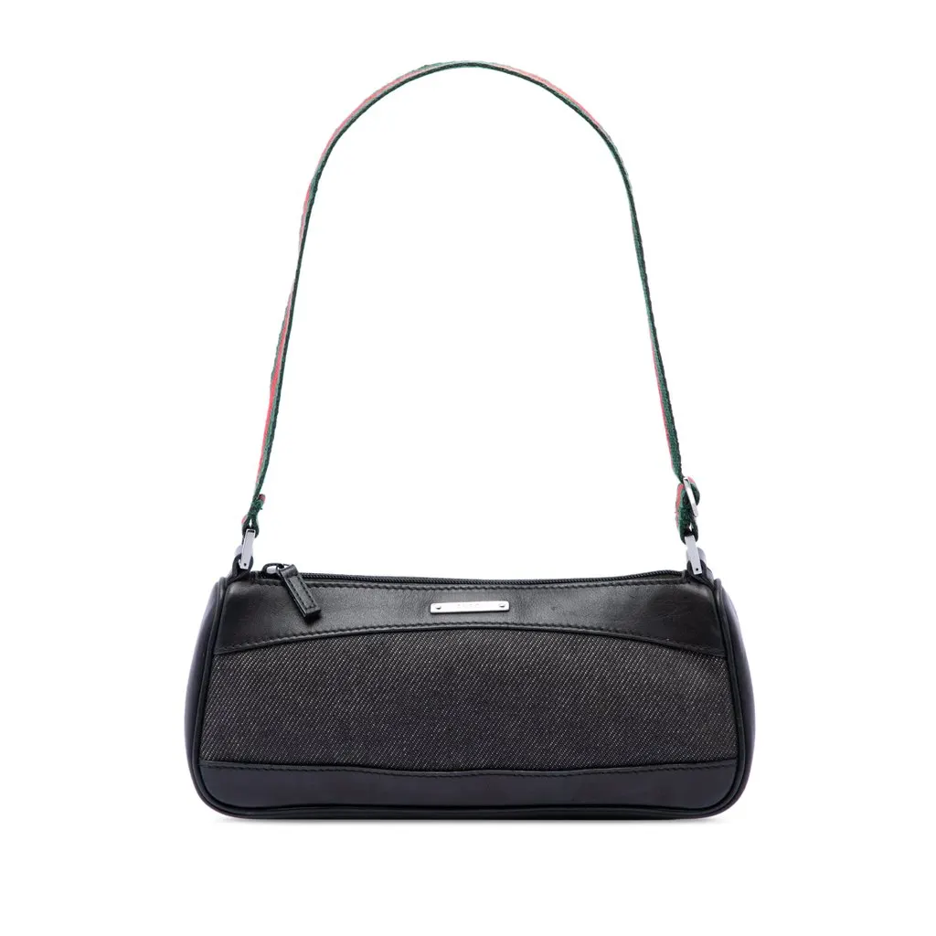 Gucci Denim Web Shoulder Bag Black Very good - Front View