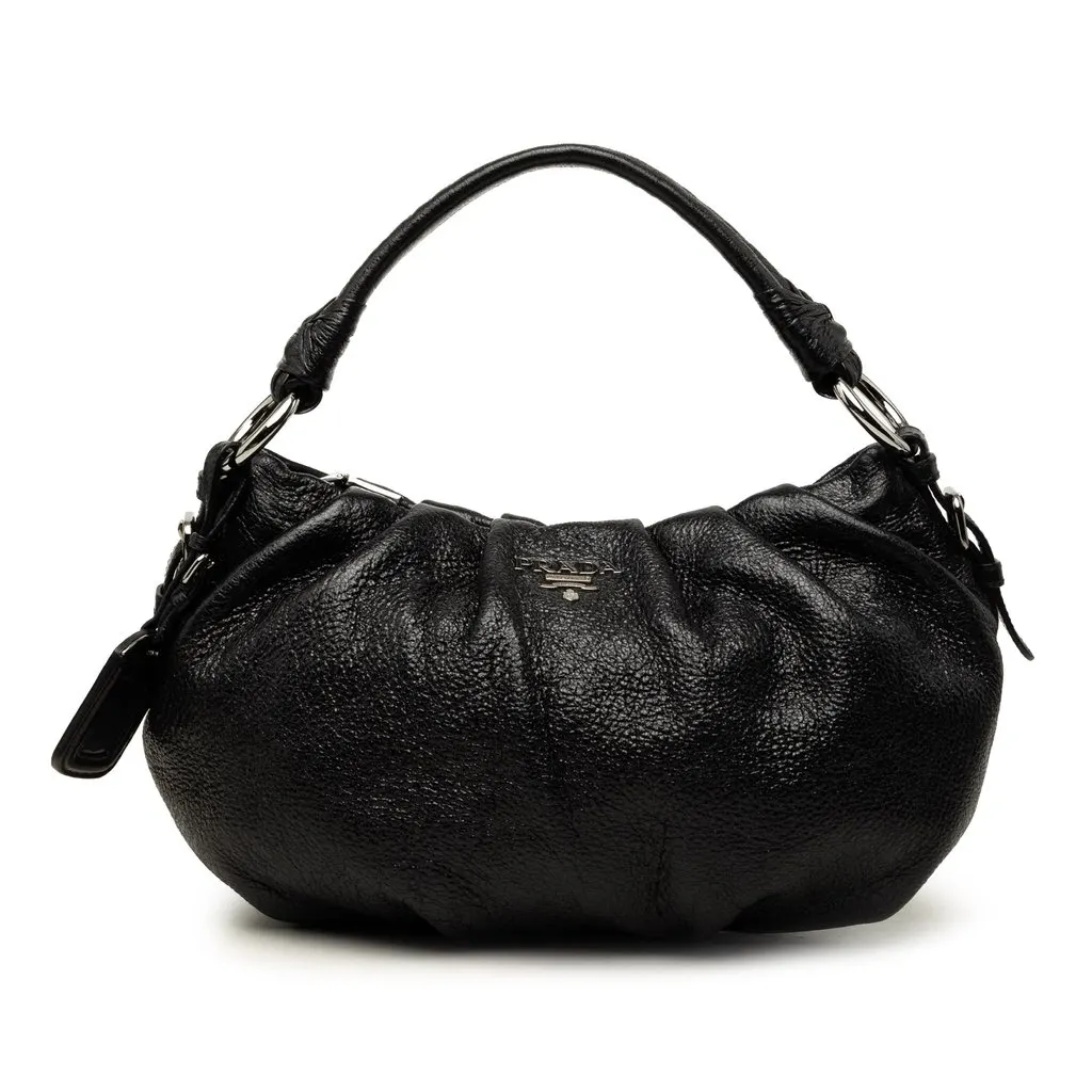 Prada Pleated Cervo Lux Hobo Black Leather Very good - Front View