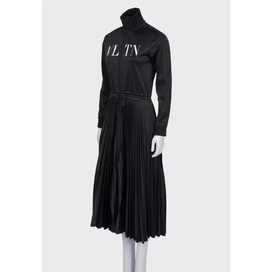 Valentino Black Pleated Hem Long Sleeve Dress M Pre-owned Black Polyester Good - Back View