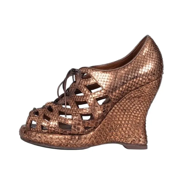 Bottega Veneta Python Metallic Gold Wedge Sandals Sz 37.5 Pre-owned Gold Leather Good - Front View