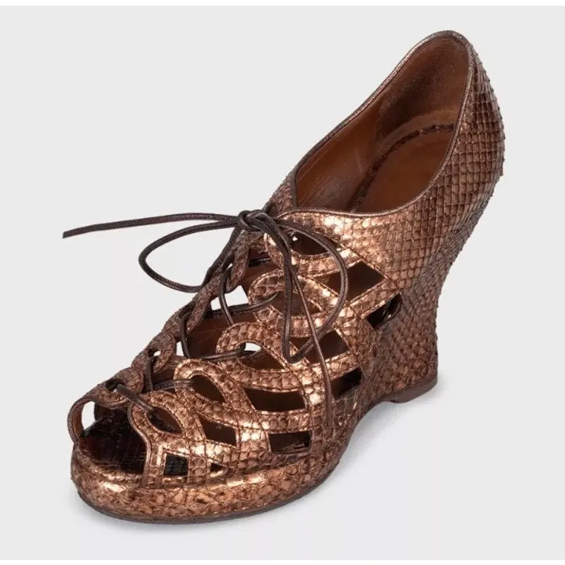 Bottega Veneta Python Metallic Gold Wedge Sandals Sz 37.5 Pre-owned Gold Leather Good - Inside View