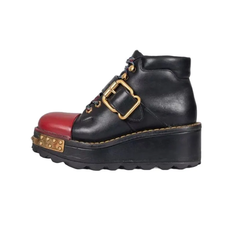 Prada Black Leather Lace-Up Platform Boots Sz.36 pre-owned Black Leather Good - Front View