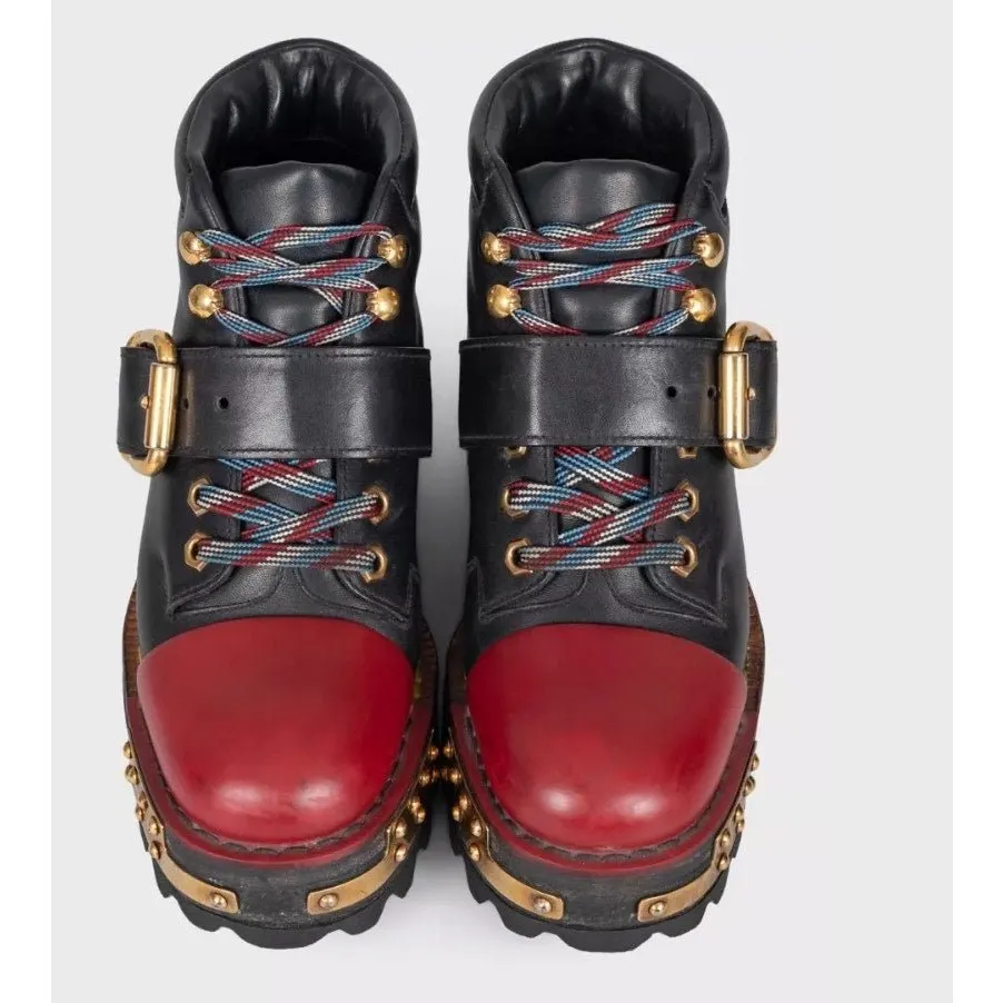 Prada Black Leather Lace-Up Platform Boots Sz.36 pre-owned Black Leather Good - Back View