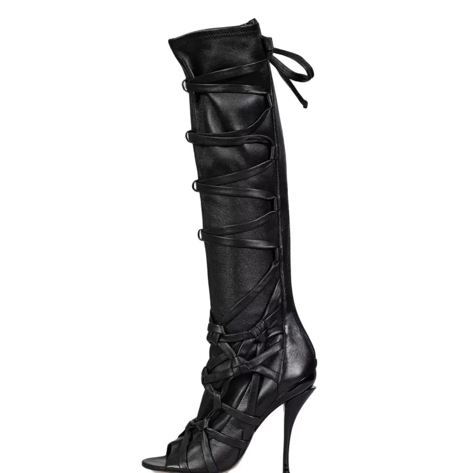 Jimmy Choo Anneli Open Toe Leather Stiletto Boots Black Size 38 Pre-owned Black Leather Good - Front View