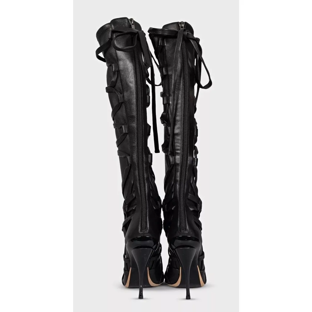 Jimmy Choo Anneli Open Toe Leather Stiletto Boots Black Size 38 Pre-owned Black Leather Good - Model View