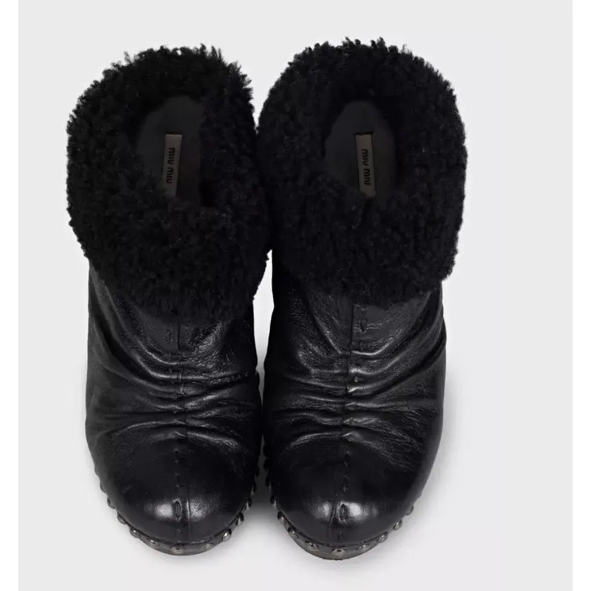 Miu Miu Black Leather Ankle Boots with Wooden Block Heel Size 36 Pre-owned Black Leather Good - Box View