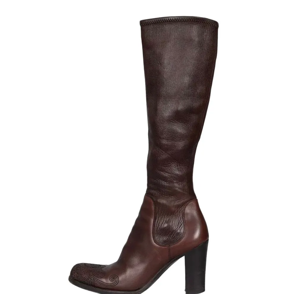Prada Brown Leather Embroidered Toe Knee High Boots Size 35.5 Pre-owned Brown Leather Good - Front View