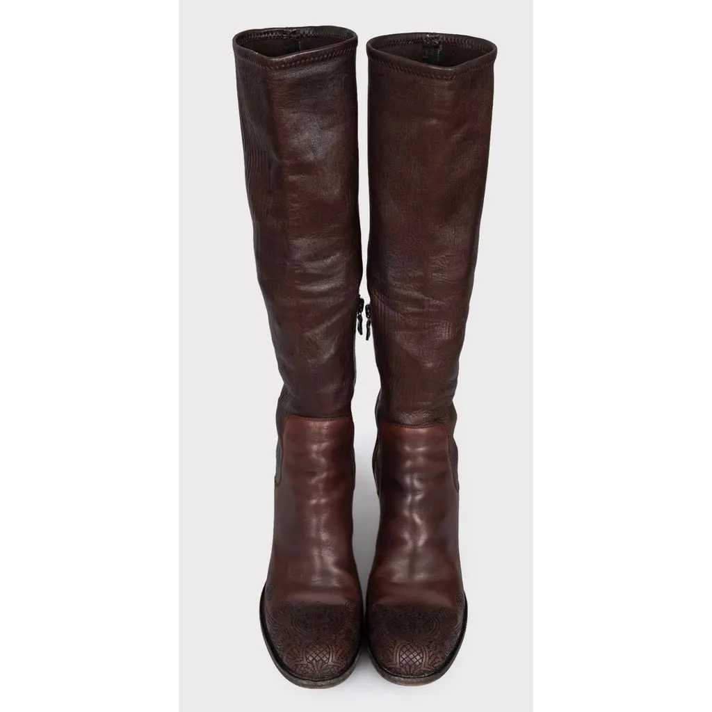 Prada Brown Leather Embroidered Toe Knee High Boots Size 35.5 Pre-owned Brown Leather Good - Back View