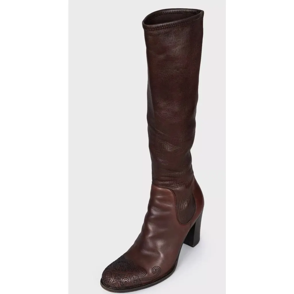 Prada Brown Leather Embroidered Toe Knee High Boots Size 35.5 Pre-owned Brown Leather Good - Inside View
