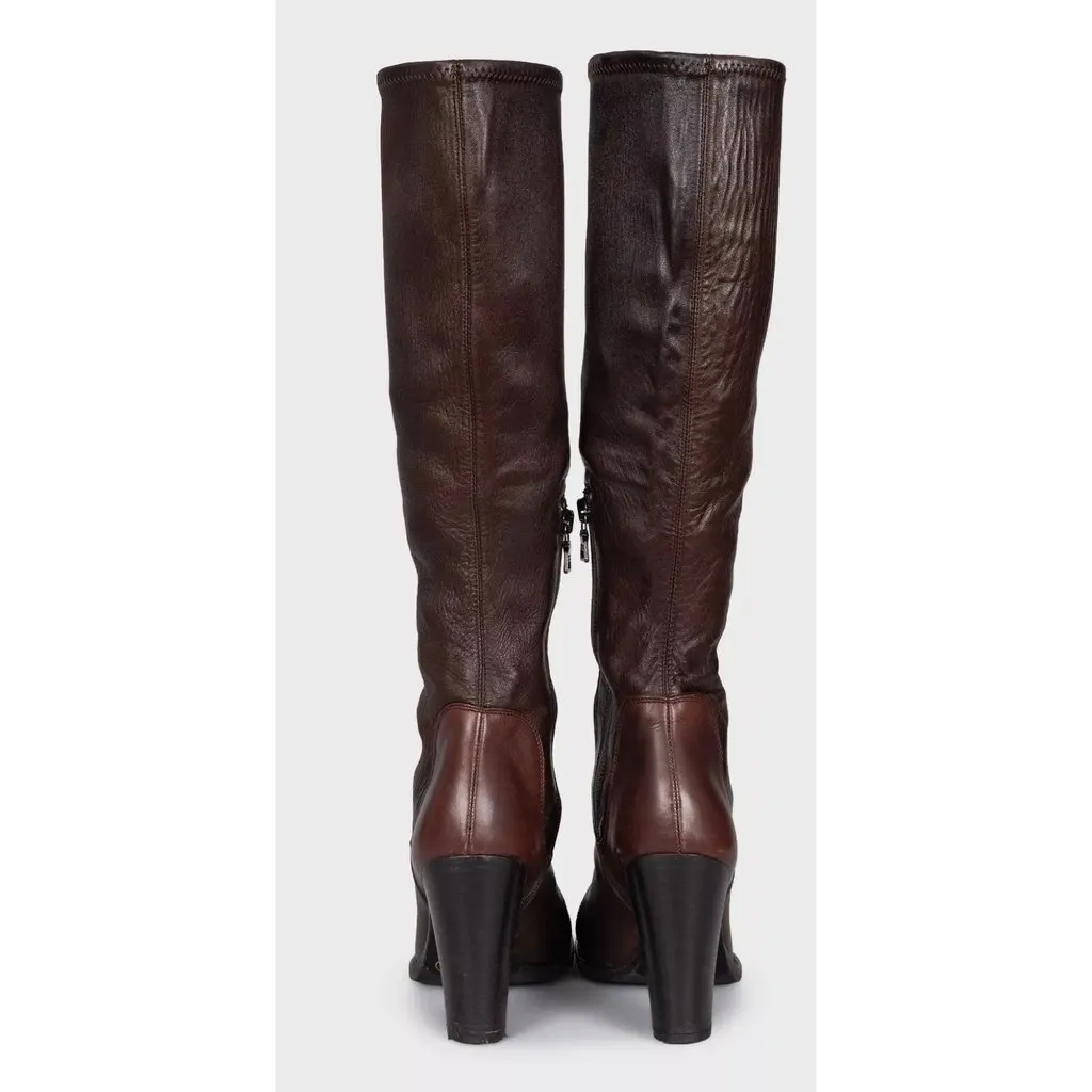 Prada Brown Leather Embroidered Toe Knee High Boots Size 35.5 Pre-owned Brown Leather Good - Model View