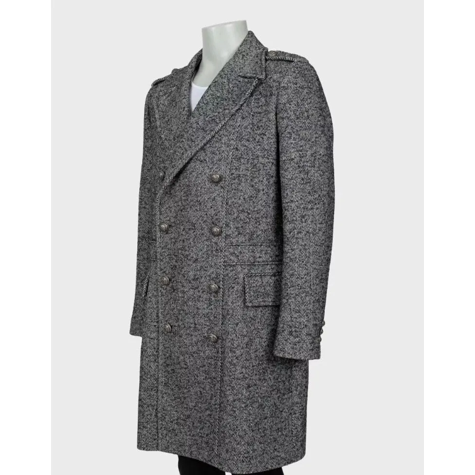 Balmain Men's Wool Blend Printed Overcoat Long Coat IT 56 3XL Pre-owned Red Wool Good - Back View