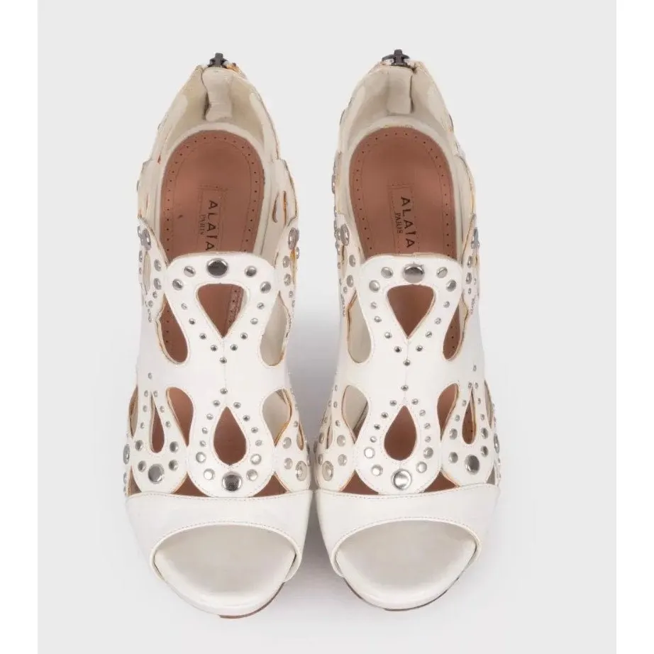 Alaïa White Leather Rhinestone High Heel Sandals 39.5 Pre-owned White Leather Good - Back View