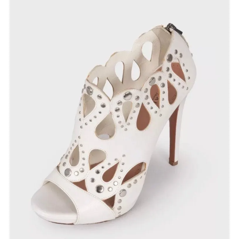 Alaïa White Leather Rhinestone High Heel Sandals 39.5 Pre-owned White Leather Good - Inside View