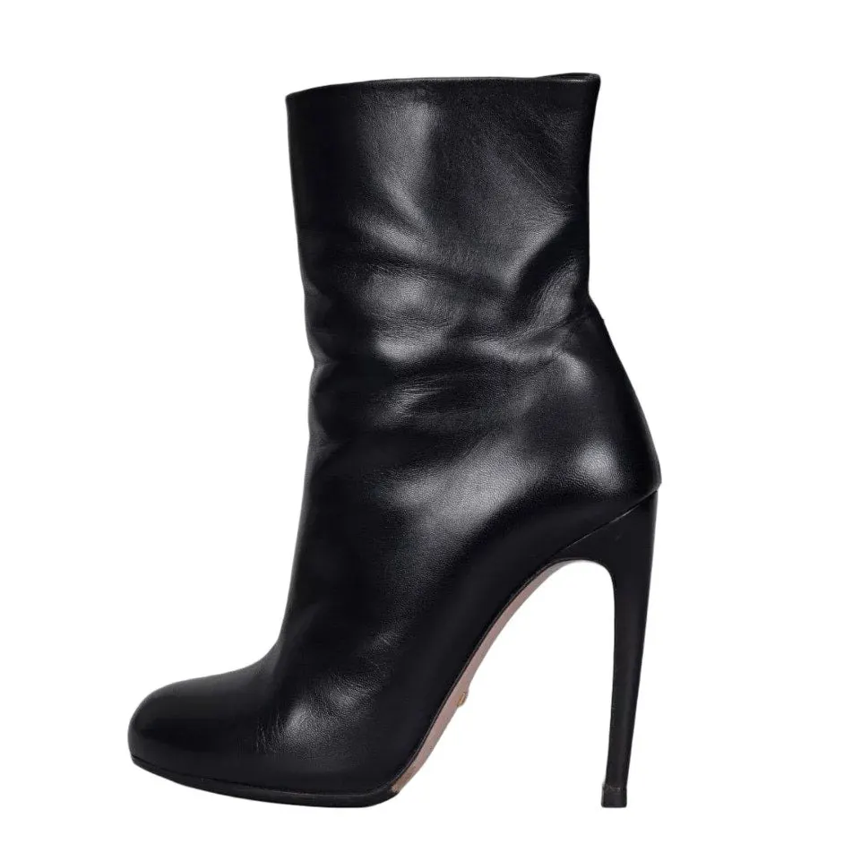 Gucci Black Leather Ankle Boots Sculptural Heel Zip Closure Size 37 Pre-owned Black Leather Good - Front View