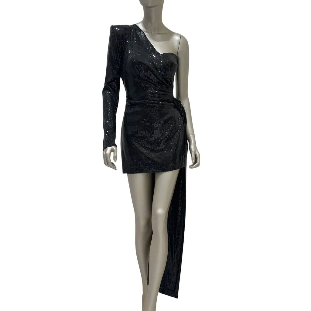 David Koma Ruched Asymmetric Sequin Mini Dress / Gown Sz.S Pre-owned Black Good - Front View