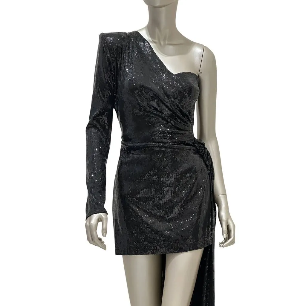 David Koma Ruched Asymmetric Sequin Mini Dress / Gown Sz.S Pre-owned Black Good - Inside View