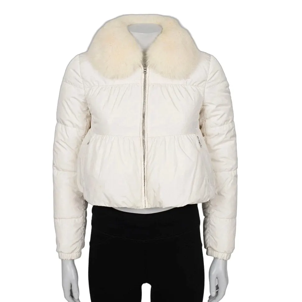 Prada White Fox Fur Trim Cropped Down Jacket S Pre-owned