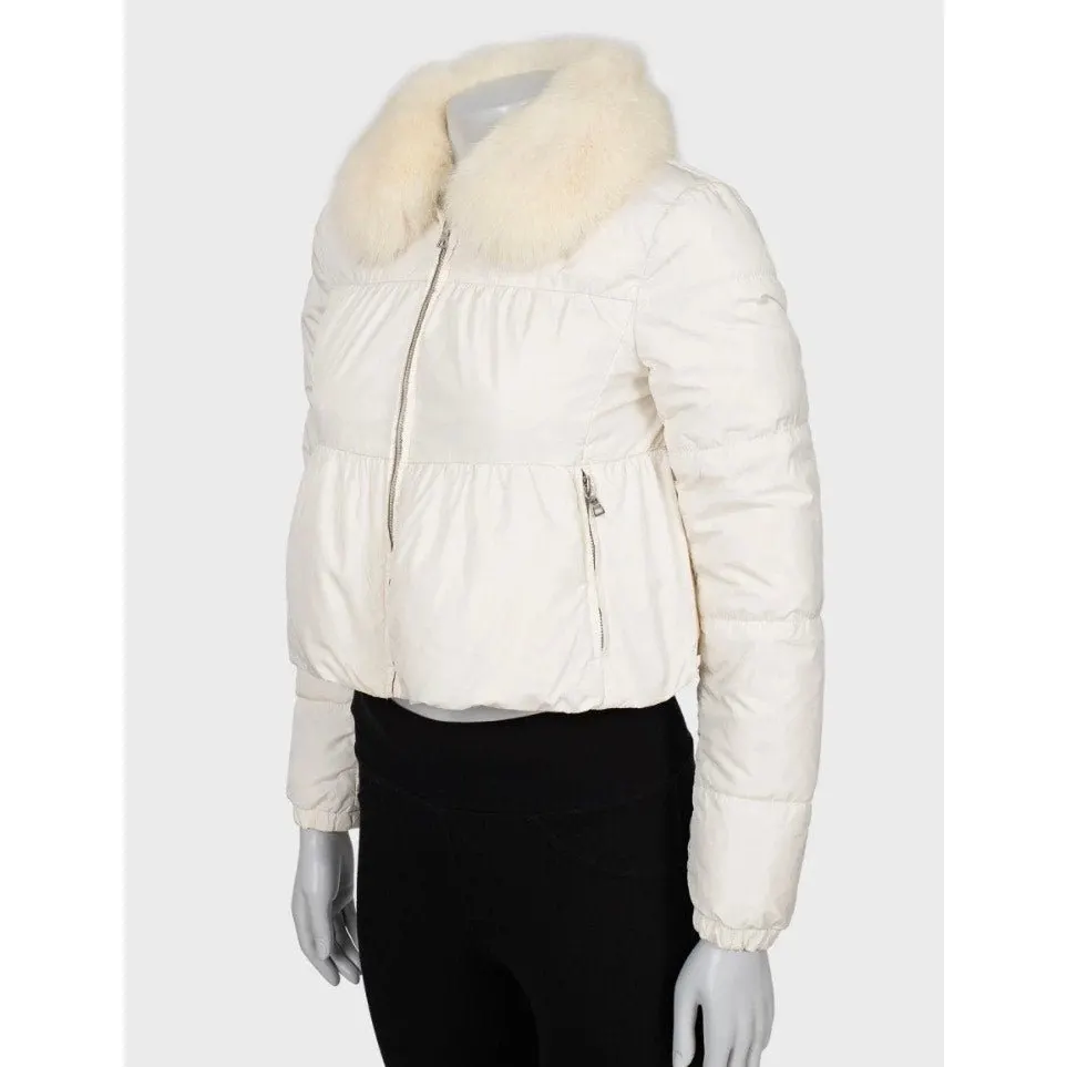 Prada White Fox Fur Trim Cropped Down Jacket S Pre-owned White Polyamide Good - Back View