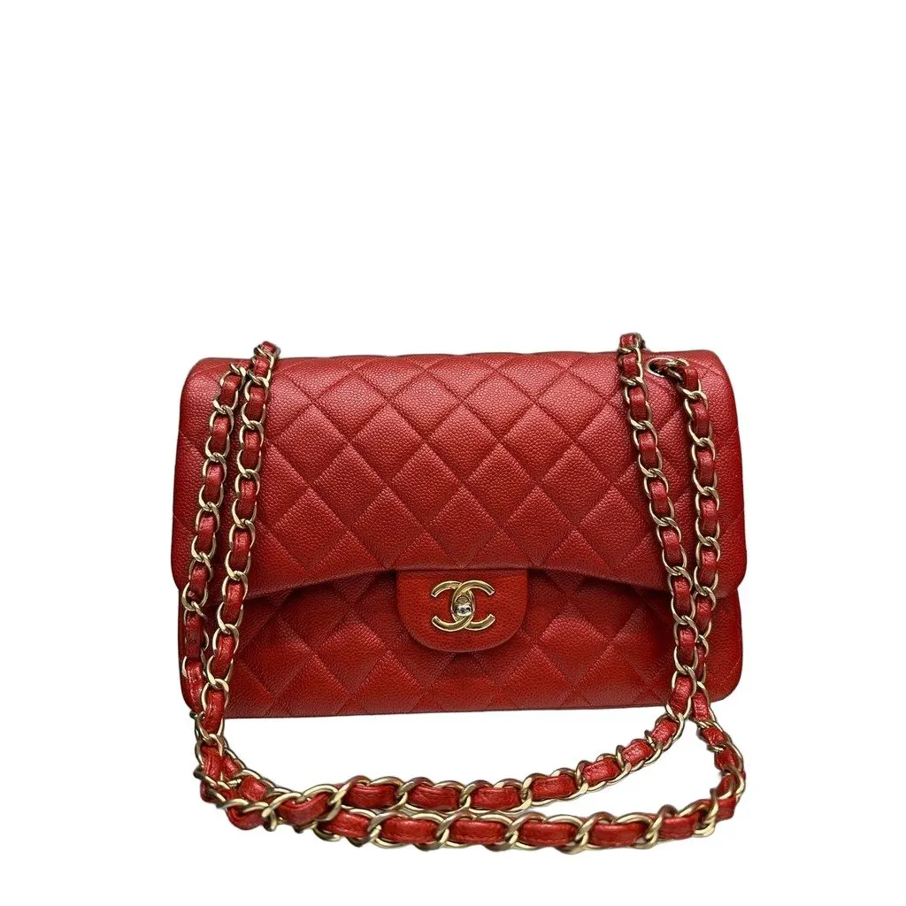 Chanel Red Caviar Jumbo Double Flap Bag Pre-owned Red Leather Good - Front View