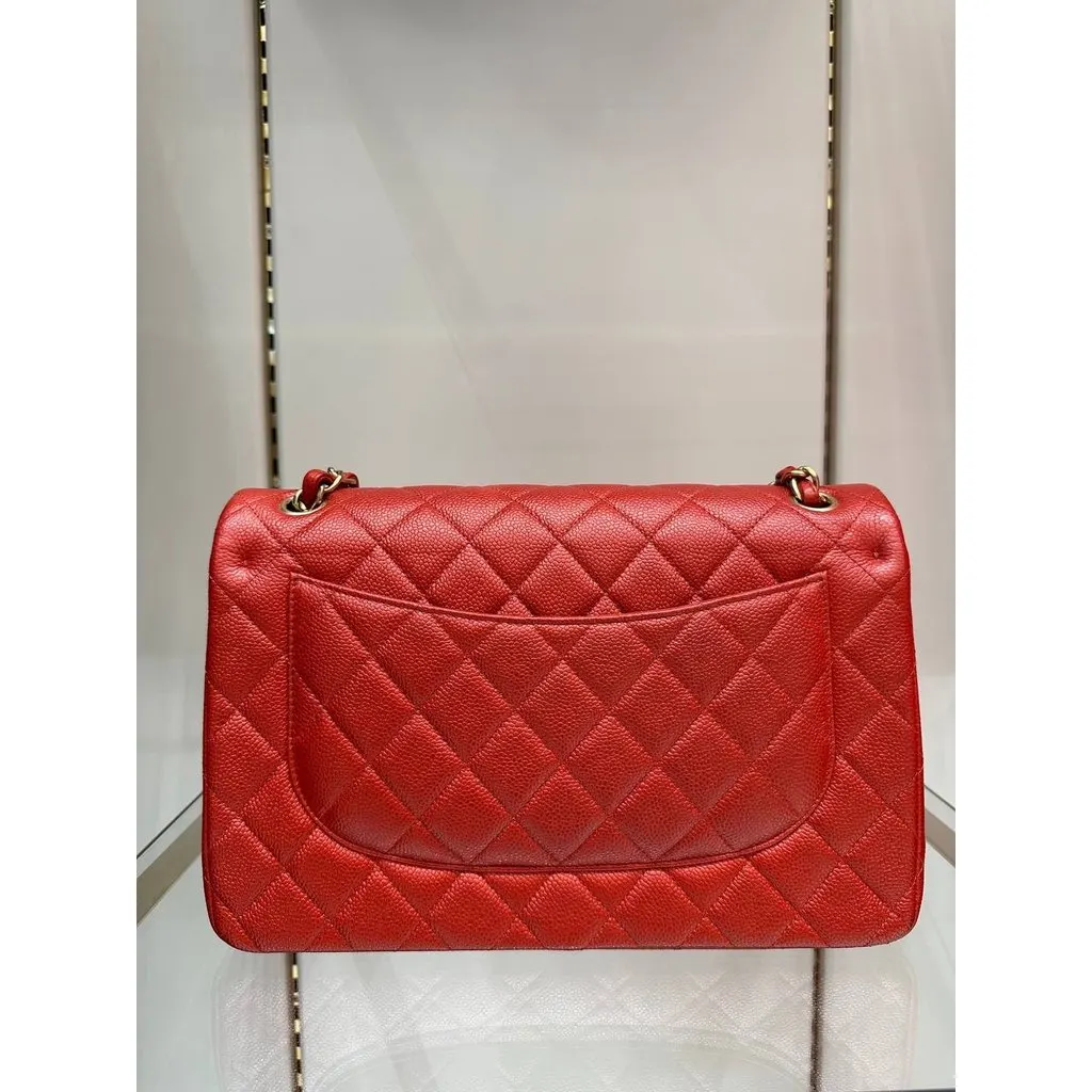 Chanel Red Caviar Jumbo Double Flap Bag Pre-owned Red Leather Good - Back View