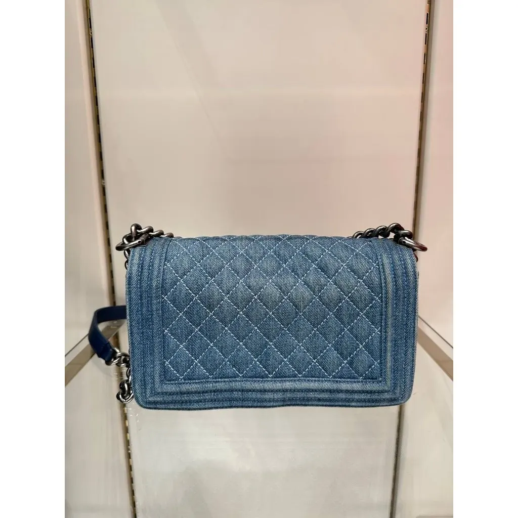 Chanel Boy Medium Blue Denim Flap Bag Pre-owned Blue Denim Good - Back View