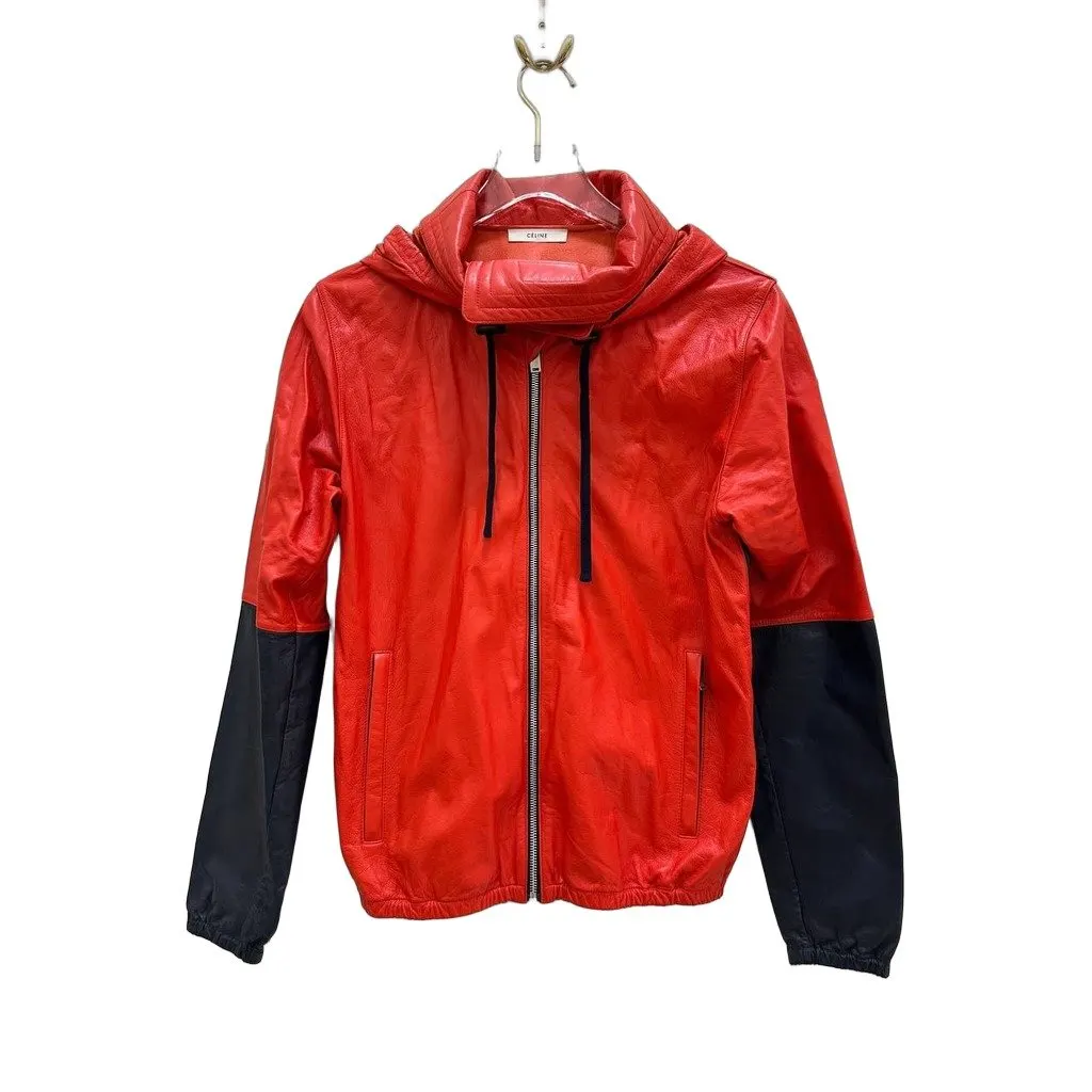 Celine Red & Navy Leather Color Block Hooded Jacket Sz.38 pre-owned Navy Leather Good - Front View