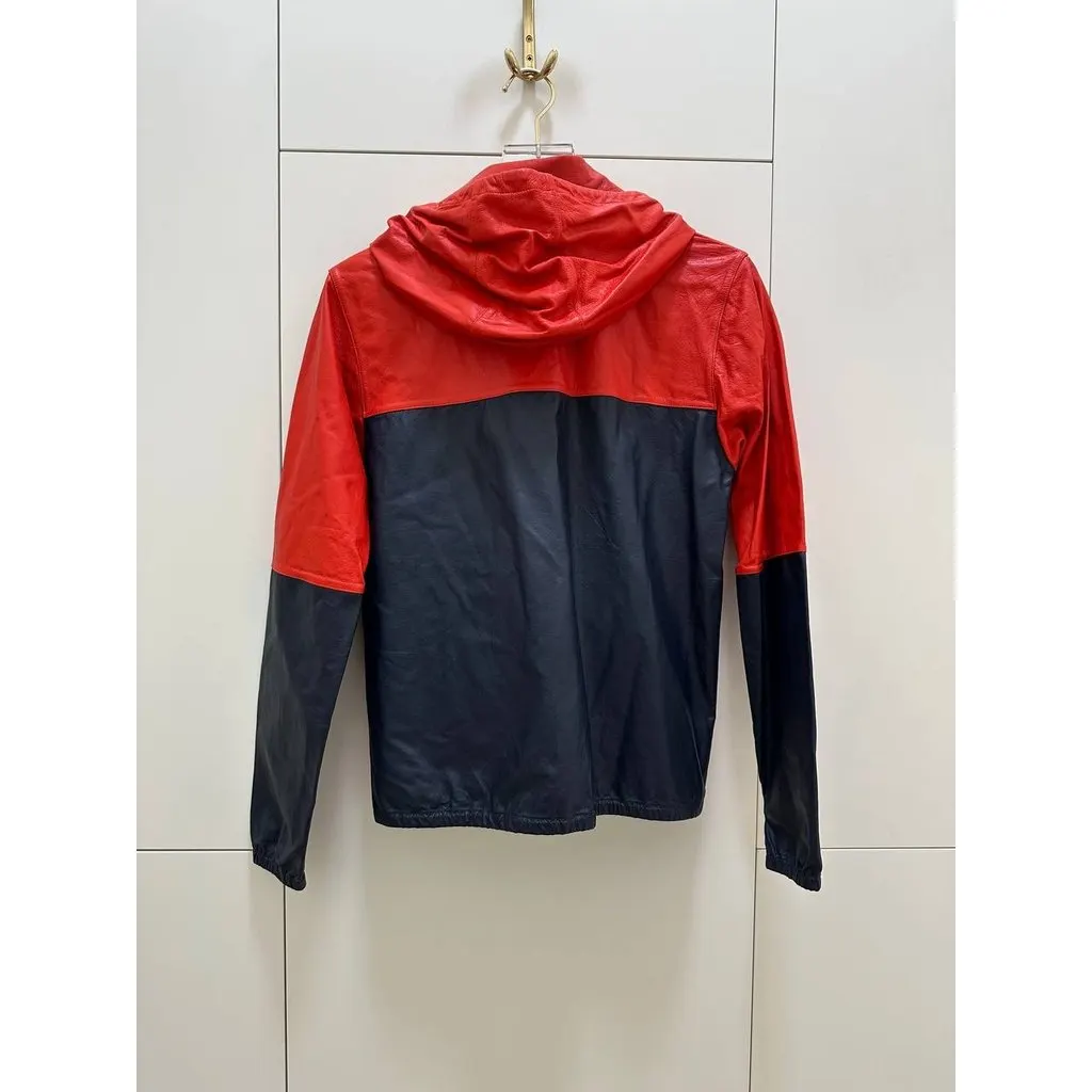 Celine Red & Navy Leather Color Block Hooded Jacket Sz.38 pre-owned Navy Leather Good - Back View