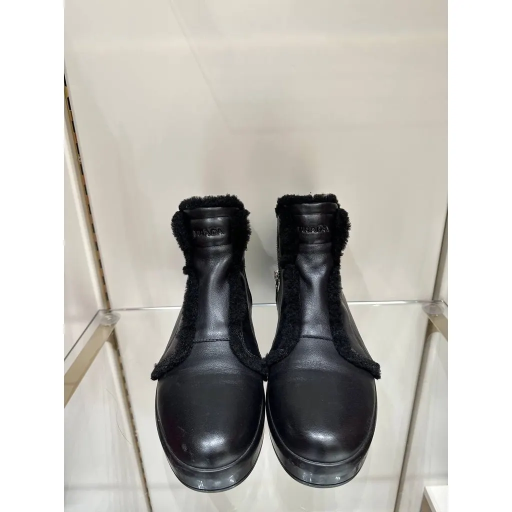 Prada Black Leather Shearling Lined Ankle Boots EU 38 Pre-owned Black Leather Good - Back View