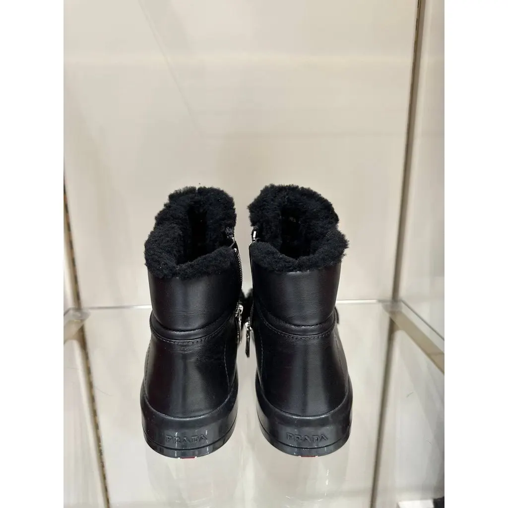 Prada Black Leather Shearling Lined Ankle Boots EU 38 Pre-owned Black Leather Good - Box View