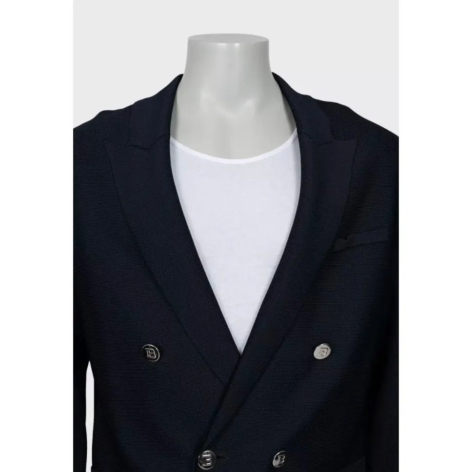 Balmain NWOT Balmain Men's Blue Double Breasted Viscose Cardigan XL Pre-owned Blue Never worn - Model View