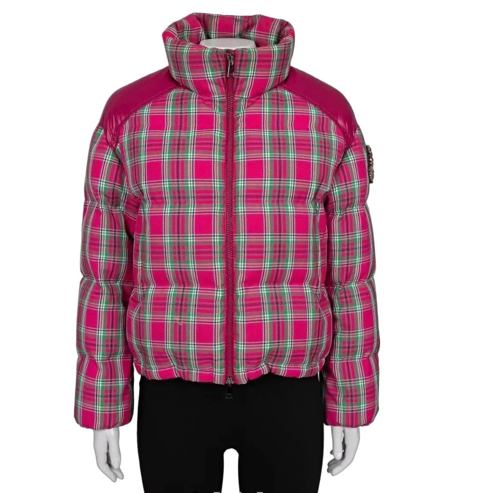 Moncler Pink Plaid Down Puffer Jacket Crystal Detail XXS US 0 Pre-owned