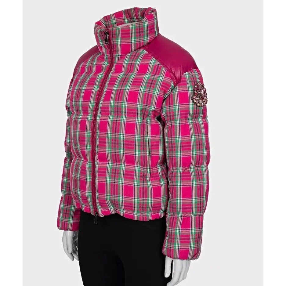 Moncler Pink Plaid Down Puffer Jacket Crystal Detail XXS US 0 Pre-owned Pink Polyester Good - Back View