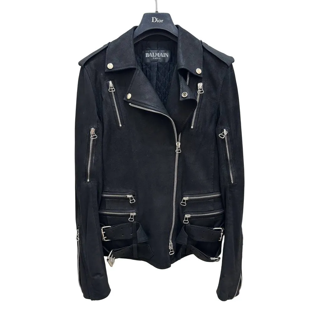 Balmain Black Goatskin Leather Biker Jacket Sz.38 Pre-owned Black Leather Good - Front View