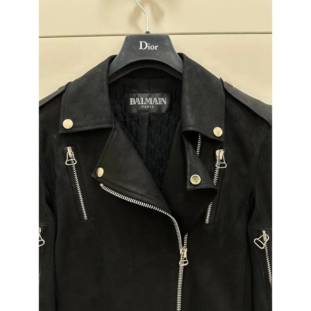 Balmain Black Goatskin Leather Biker Jacket Sz.38 Pre-owned Black Leather Good - Inside View