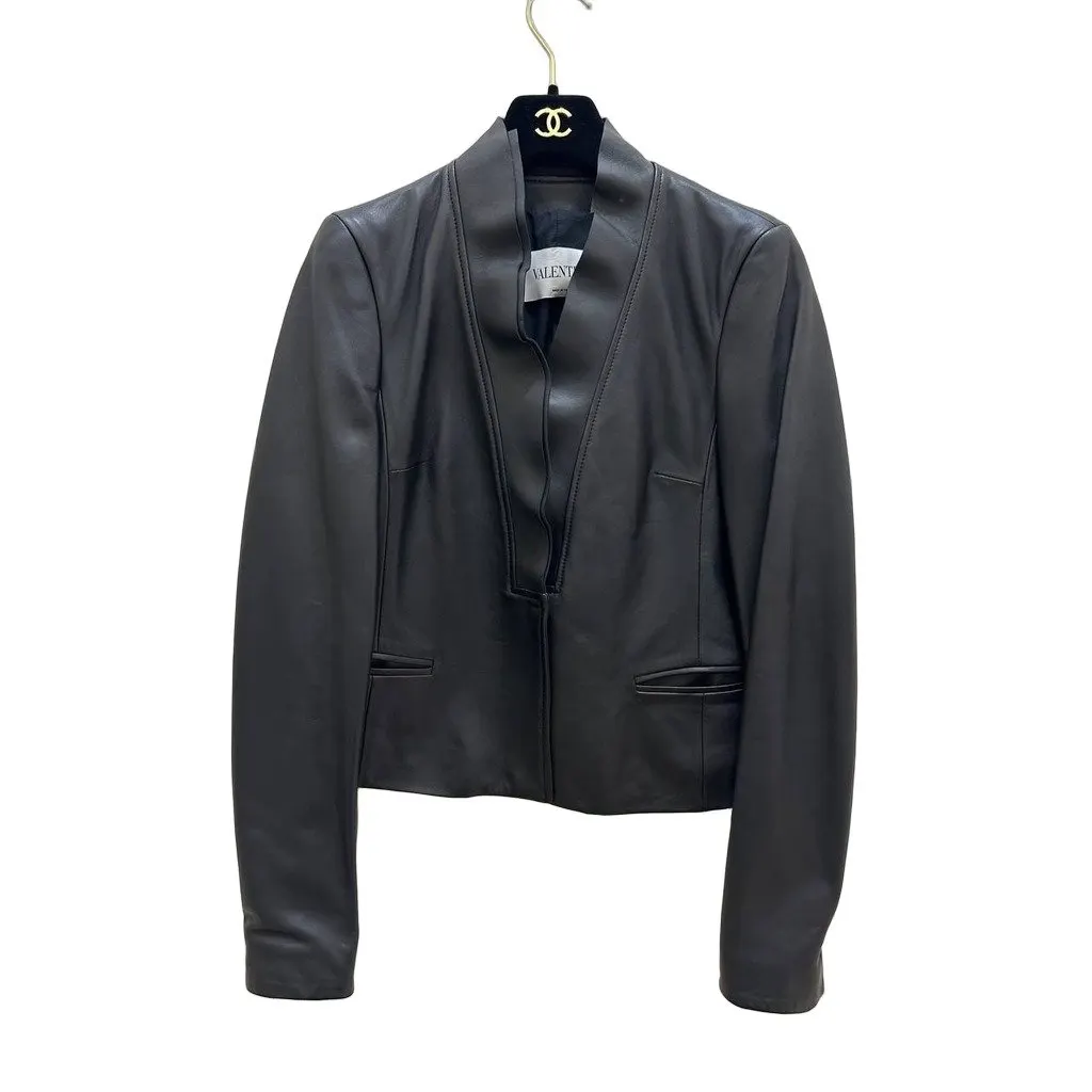 Valentino Black Leather Cropped Fitted Blazer IT 42 Pre-owned Black Leather Good - Front View
