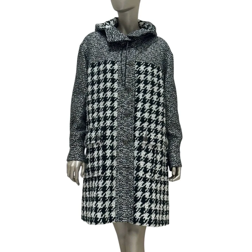 Chanel Black White Houndstooth Tweed Hooded Coat Sz.38 Pre-owned Black Tweed Good - Front View