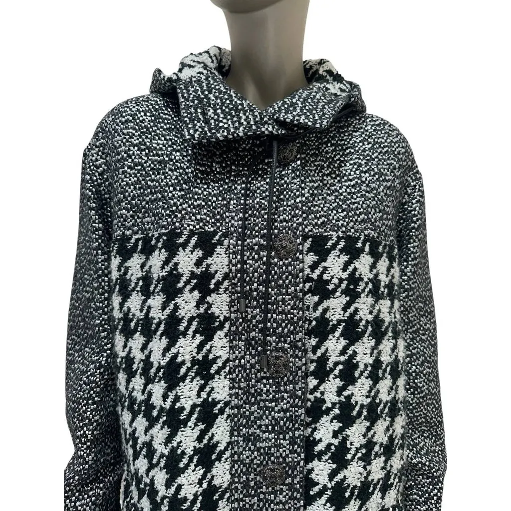 Chanel Black White Houndstooth Tweed Hooded Coat Sz.38 Pre-owned Black Tweed Good - Inside View