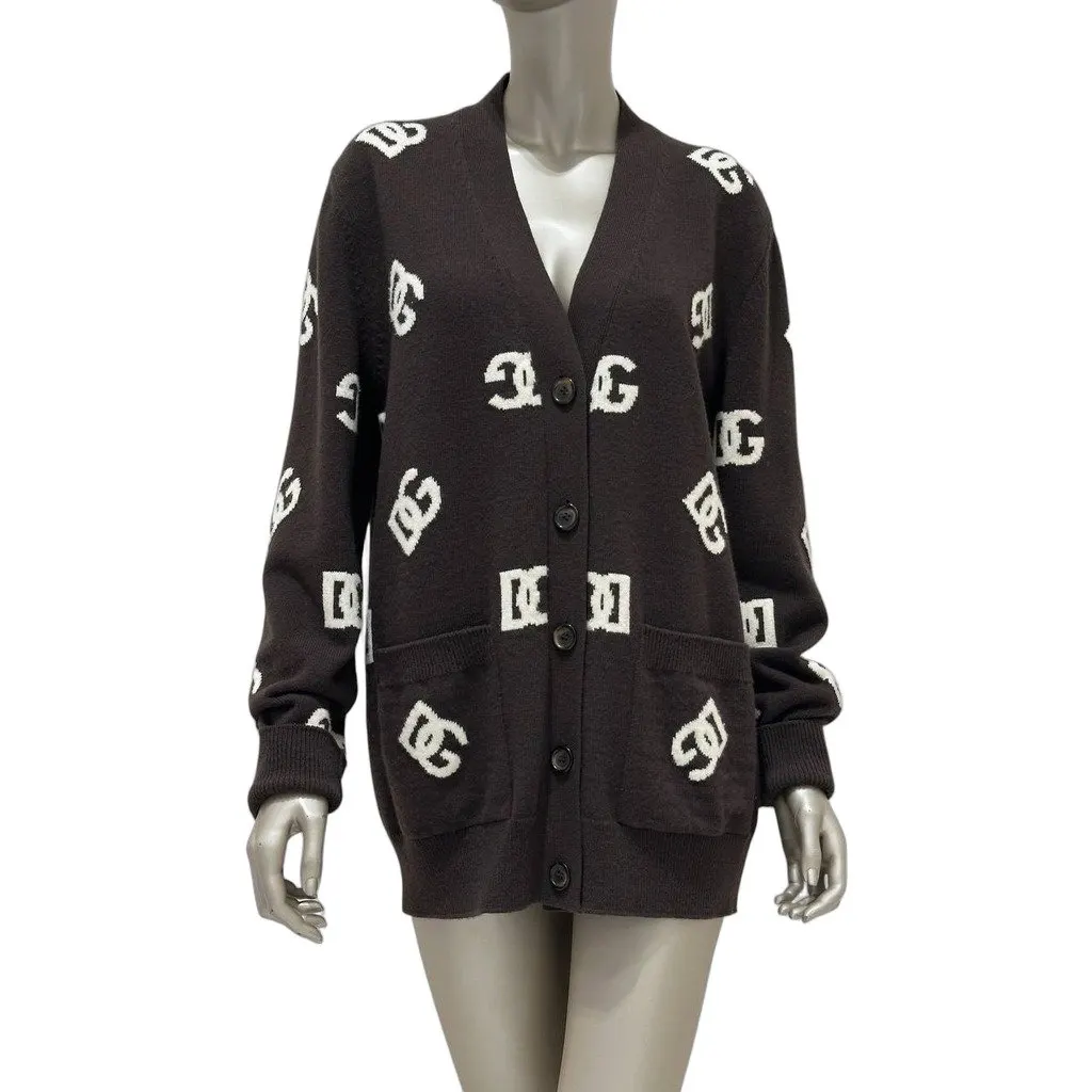 Dolce & Gabbana DG Monogram Wool Cardigan sz.42 pre-owned Brown Wool Good - Front View