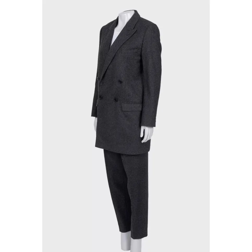 Celine Gray Wool Suit: Dbl-Breasted Jacket & Tapered Pants Sz/36 Pre-owned Grey Wool Good - Back View