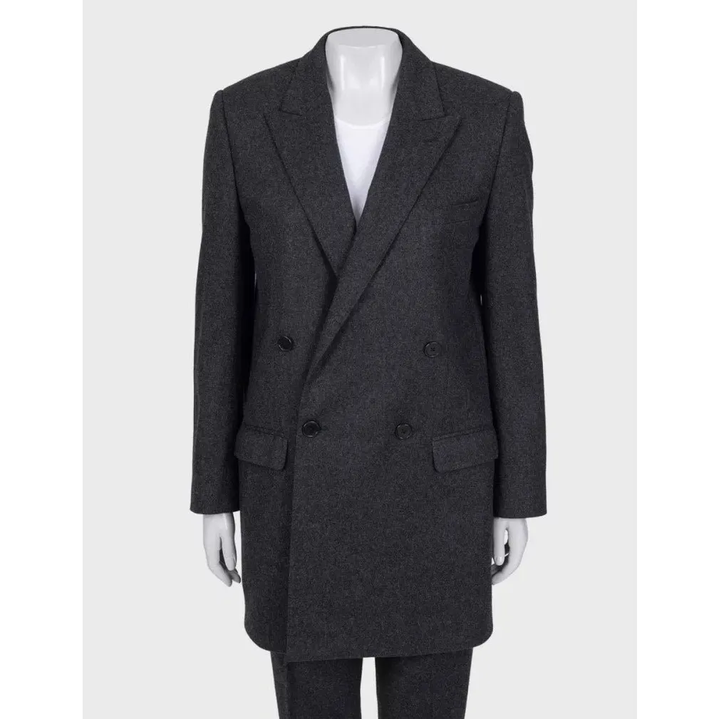 Celine Gray Wool Suit: Dbl-Breasted Jacket & Tapered Pants Sz/36 Pre-owned Grey Wool Good - Model View