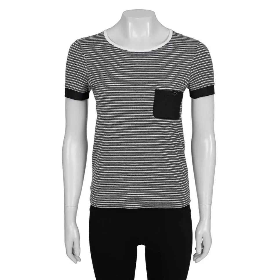 Chanel 2015 Black White Striped Fitted T-Shirt FR 34 XS Pre-owned Black Good - Front View