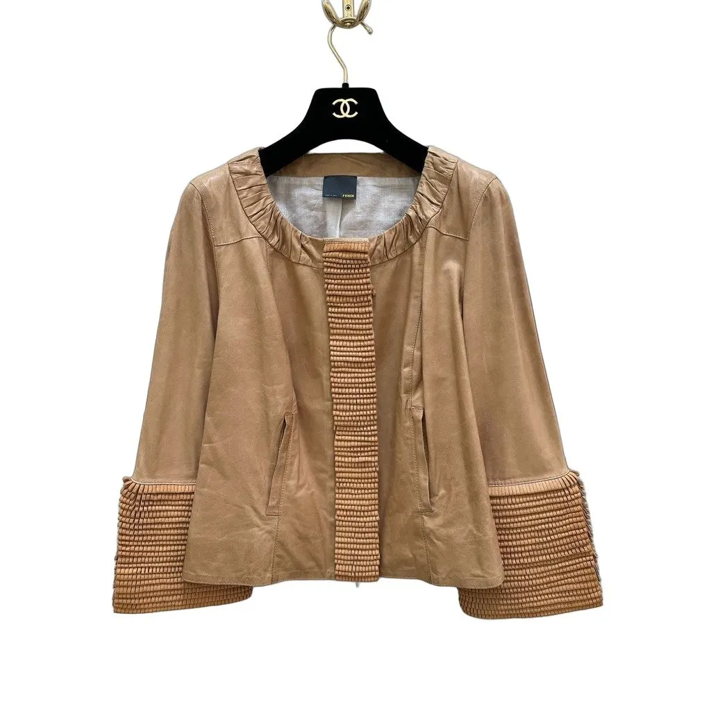 Fendi Beige Leather Jacket Woven Sleeves IT 42 Pre-owned Beige Leather Good - Front View
