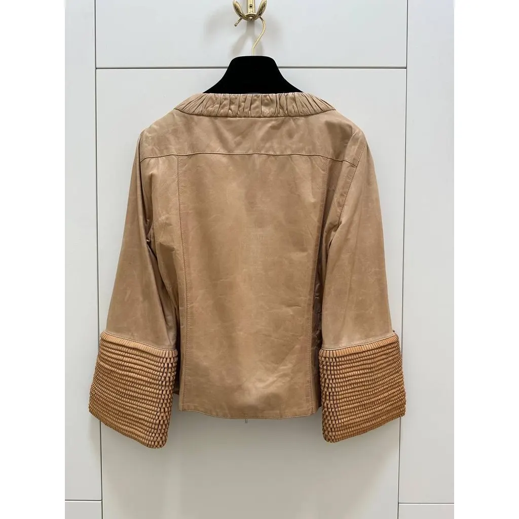 Fendi Beige Leather Jacket Woven Sleeves IT 42 Pre-owned Beige Leather Good - Back View
