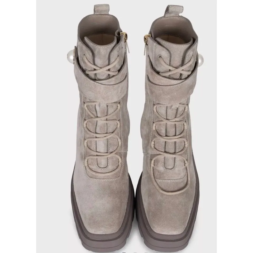 Jimmy Choo NWB Jimmy Choo Noemi Gray Suede Lace-Up Boots Gold Hardware Sz.37.5 pre-owned Grey Suede Never worn, with tag - Back View