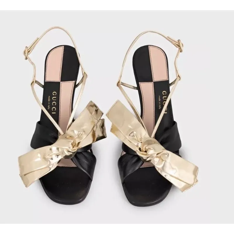 Gucci NWB Gucci Gold Leather Bow Sandals Pre-Fall 2019 - Size 36.5 Pre-owned Gold Leather Never worn - Back View