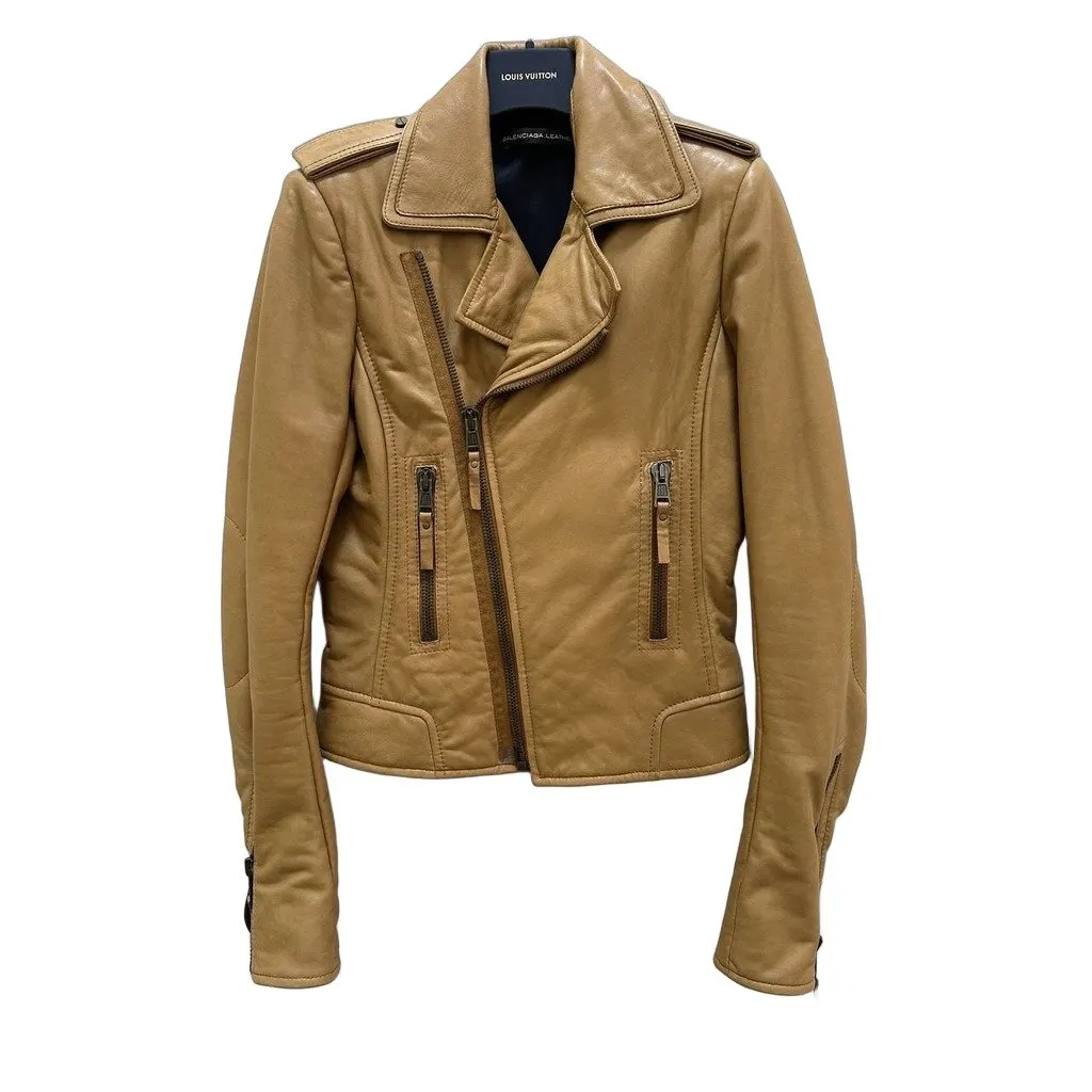 Balenciaga 2009 Tan Khaki Lamb Leather Biker Jacket Sz.40 Pre-owned MultiColor Leather Good - Front View