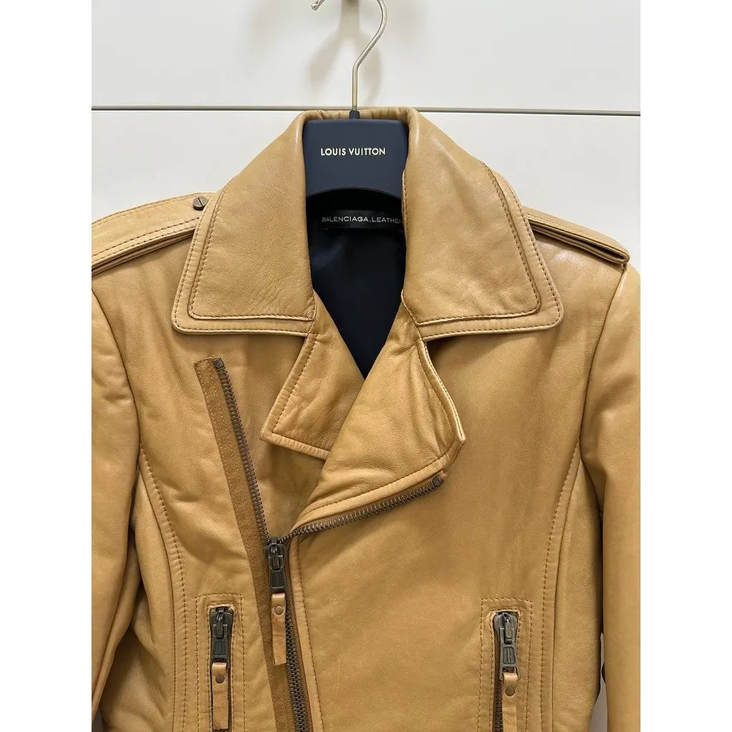 Balenciaga 2009 Tan Khaki Lamb Leather Biker Jacket Sz.40 Pre-owned MultiColor Leather Good - Back View