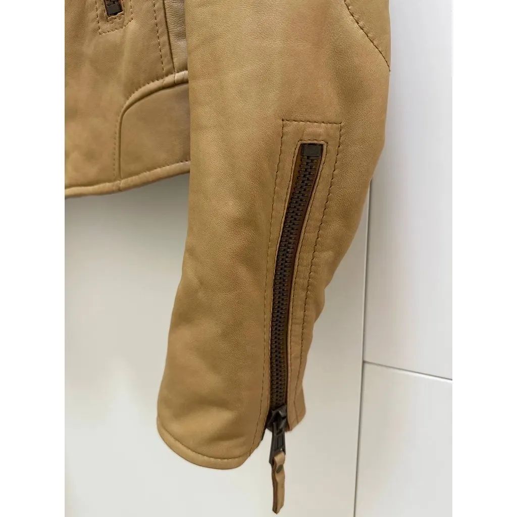 Balenciaga 2009 Tan Khaki Lamb Leather Biker Jacket Sz.40 Pre-owned MultiColor Leather Good - Model View